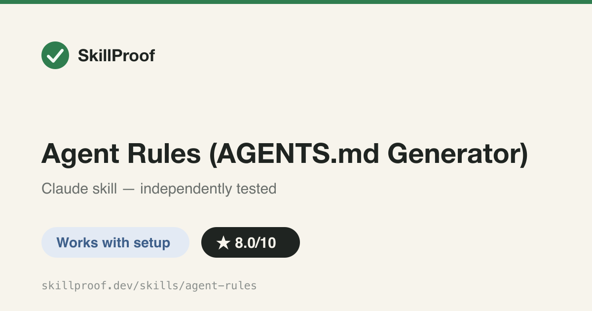 Agent Rules (AGENTS.md Generator) — Detects your stack and generates root + per-directory AGENTS.md files with a bundled verification pipeline.
