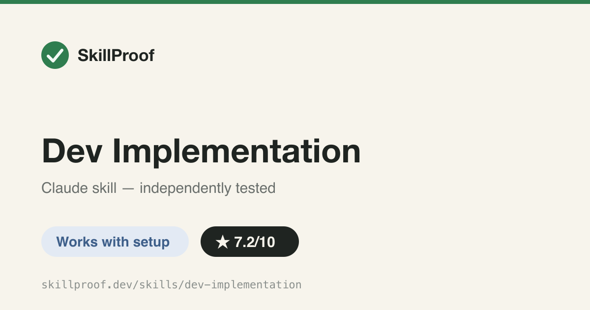 Dev Implementation — Executes a feature's implementation plan task-by-task and checks the result against its design doc.
