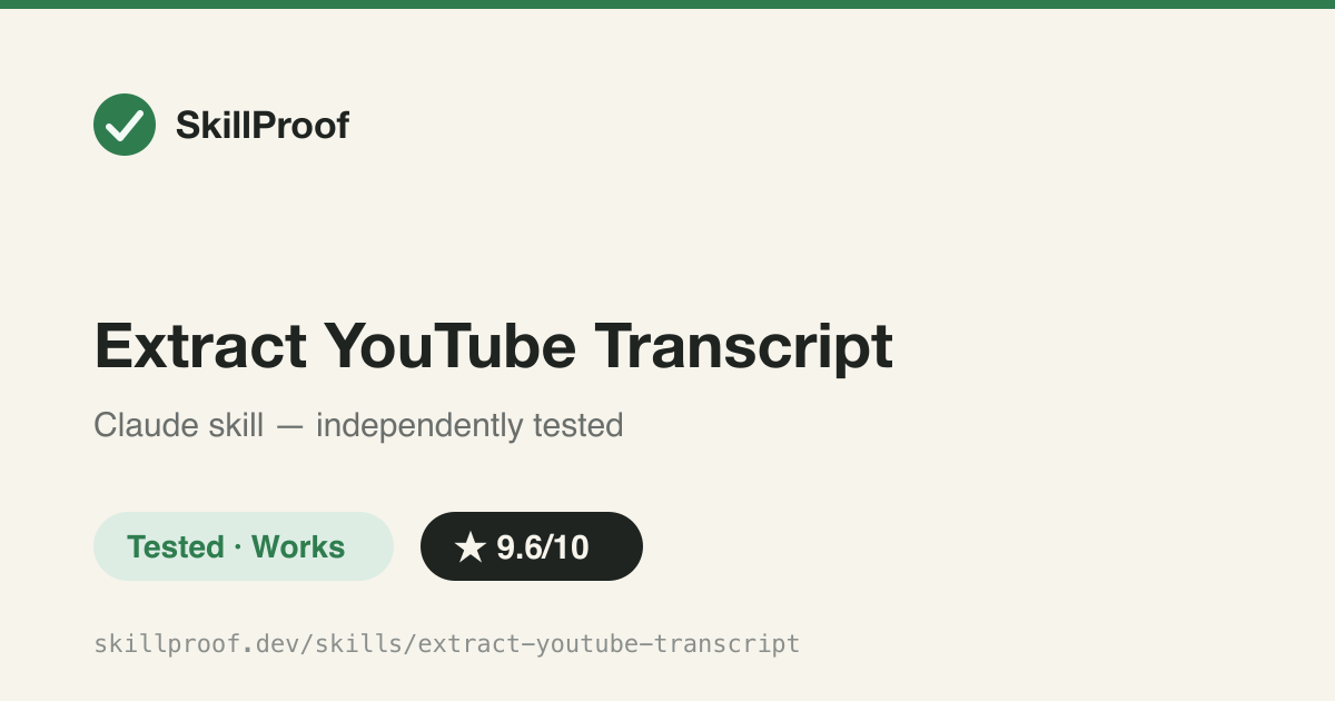 Extract YouTube Transcript — Turns any public YouTube URL into a transcript plus a structured .txt/.docx video summary.