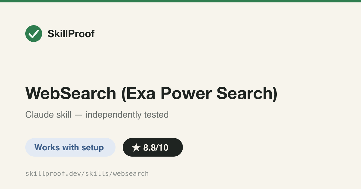 WebSearch (Exa Power Search) — Intent-routed Exa MCP search with quick/deep/code/docs/debug/news/compare modes and forced citations.